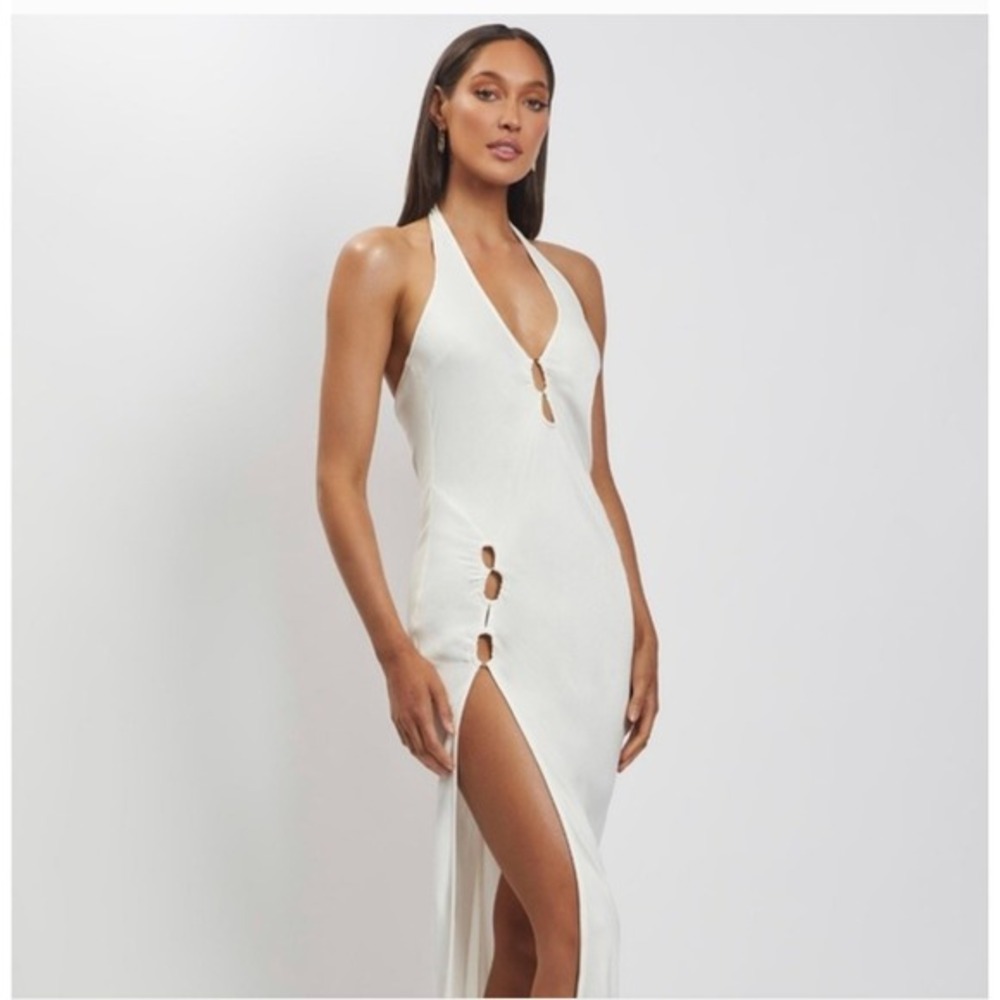 Meshki White Halter Maxi Dress with Cutout Rings